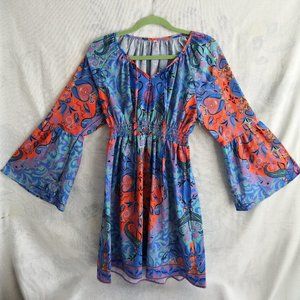 Womens Blouse Vibrant Boho Colorful Blue Orange Print Bell Sleeves V Neck Size M